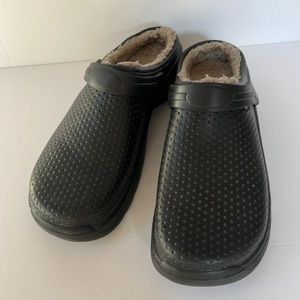 Clogs Black Perforated with Beige Faux Fur Lining Open Back with Strap